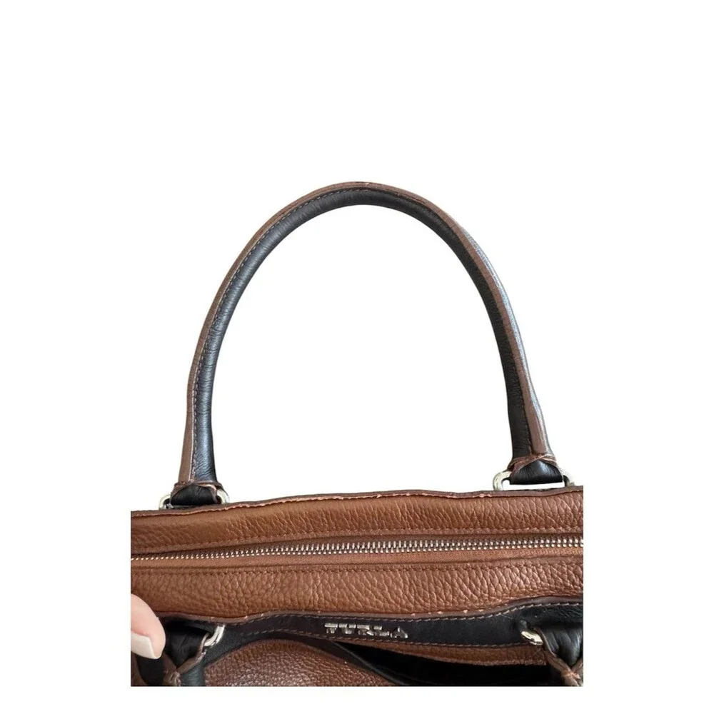 Furla Pebbled Leather Satchel Cognac Brown Black Colorblock Bowling Tote Bag Y2K